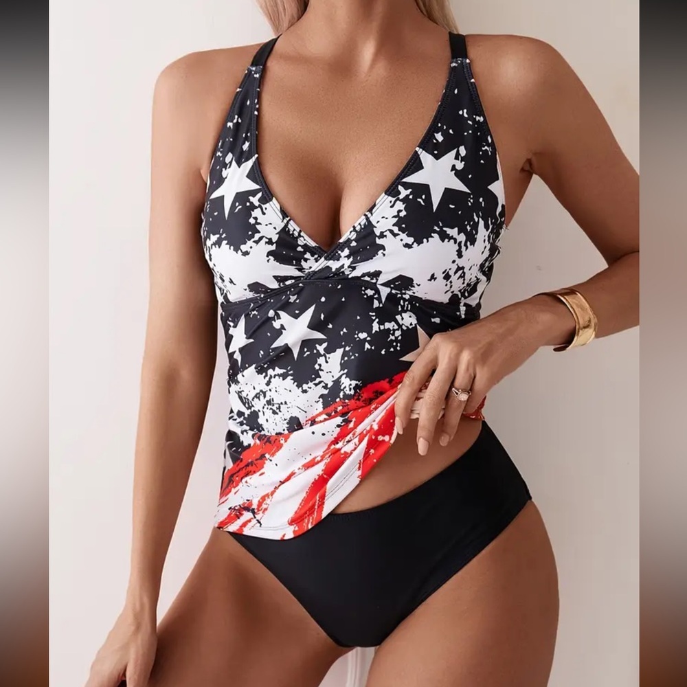 American Flag Stars Stripes Black Tankini Swimsuit
